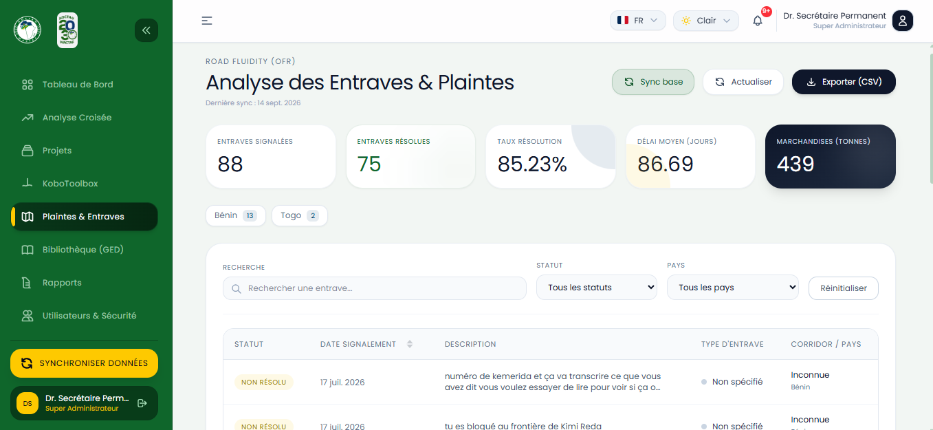 Tableau de Bord & Consultation des Plaintes Recensées