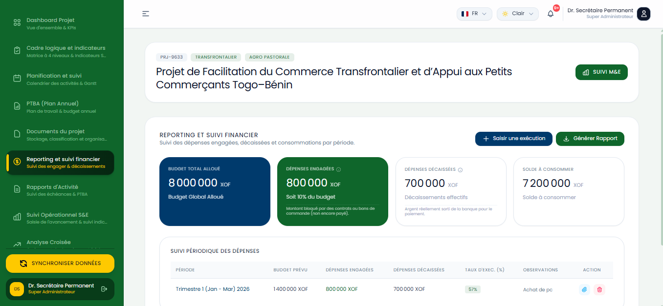 Volet 6 : Reporting et suivi financier